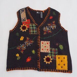 Vintage Holiday Editions Black Patchwork Floral Plaid Embroidered Knit Vest XL